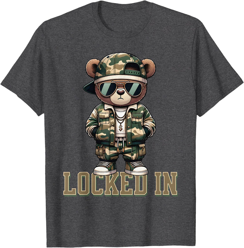 Boys & Mens Camouflage Teddy Bear Streetwear Gear Camo Hip Hop Teddy Bear Locked In Saying Hustle Money Grind T-Shirt - Dark Heather Grey