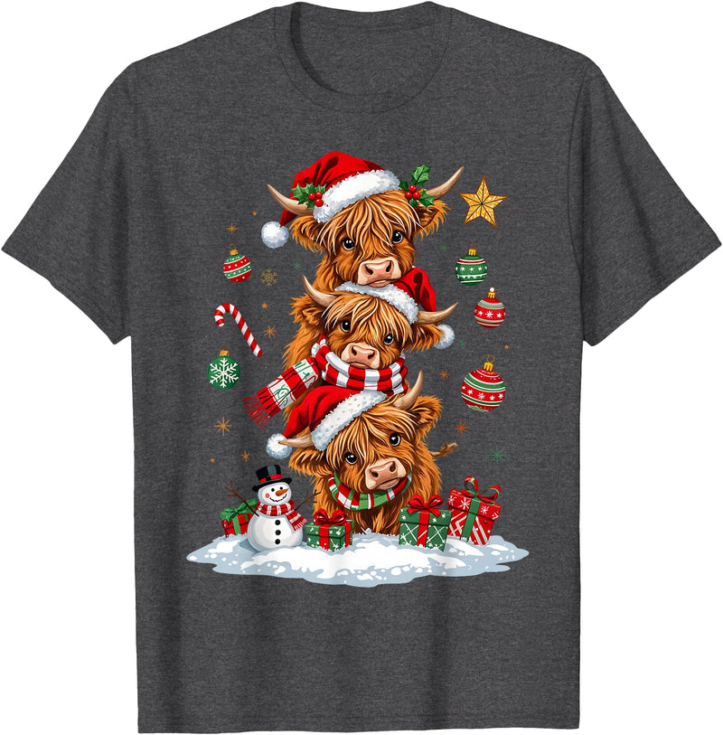 Highland Cow Christmas Winter Tree Farm Women Girl Funny Xmas Merry Moo Cows Highland Cow Christmas Snowman T-Shirt - Dark