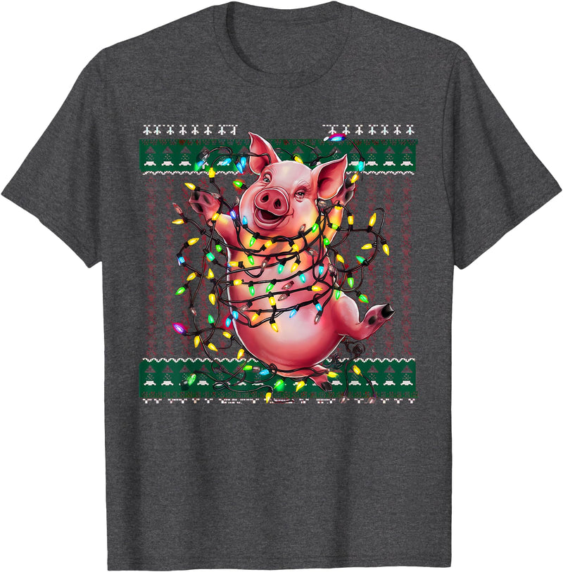 Christmas Sweater Tshirt For Men Women Santa Claus Christmas Family Xmas Ugly Christmas Outfit Merry Pig T-Shirt - Dark Heather Grey