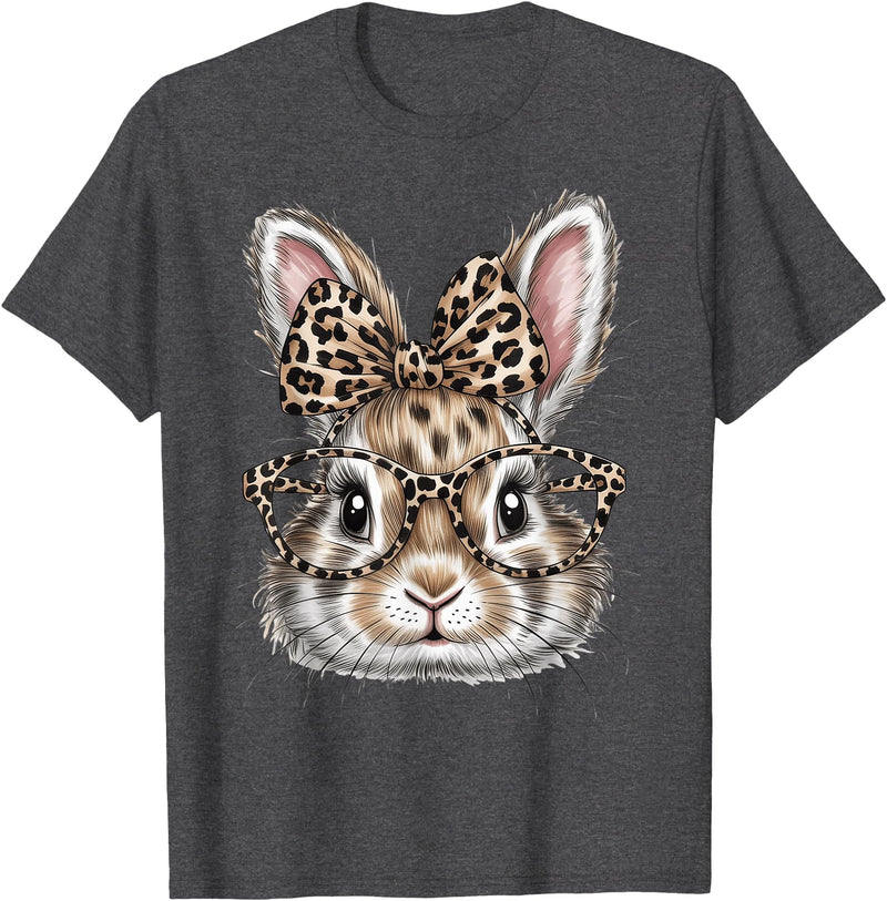 Bunny Face Glasses Bandana Leopard Rabbit Happy Easter T-Shirt in Dark Heather Grey