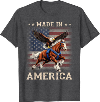 Made In America Patriotic Tees Made in America Western Horse Eagle USA Flag T-Shirt - Dark Heather Grey