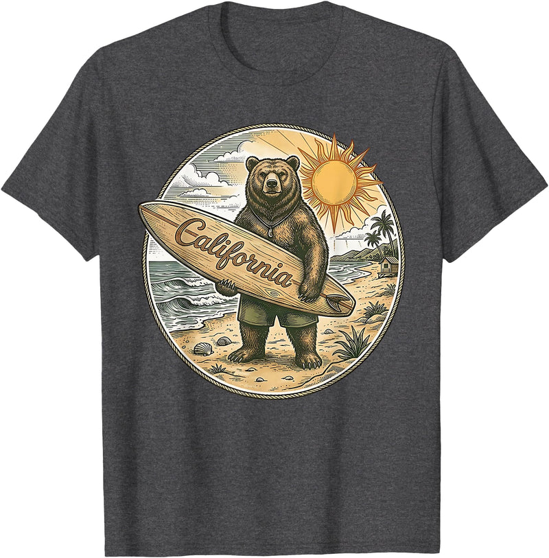 Retro Coastal Surf Bear Vintage Beach Apparel Vintage California Surf Bear Beach Retro Coastal Summer T-Shirt - Dark Heather Grey
