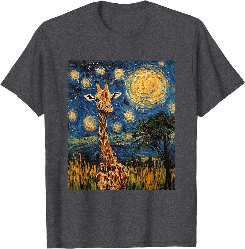 Giraffe Designs. Giraffe Africa Van Gogh Style Starry Night Cute Graphic T-Shirt - Dark Heather Grey