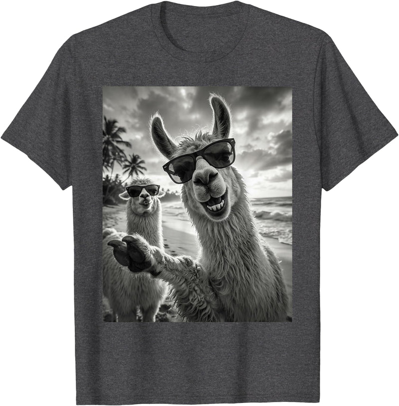 Funny Llama Stuff Accessories & Gifts Cool Llama Selfie At The Beach, Cute Llamas Alpaca T-Shirt - Dark Heather Grey