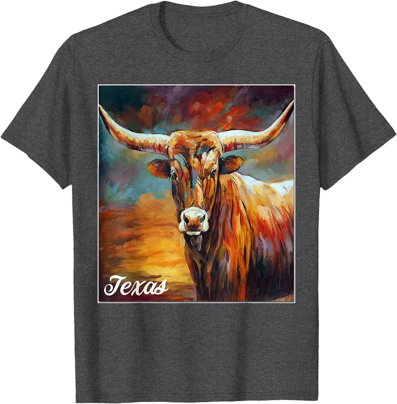 Longhorn Cow Shirts - Longhorn Cattle Gifts - Texas Cattle T-Shirt - Dark Heather Grey