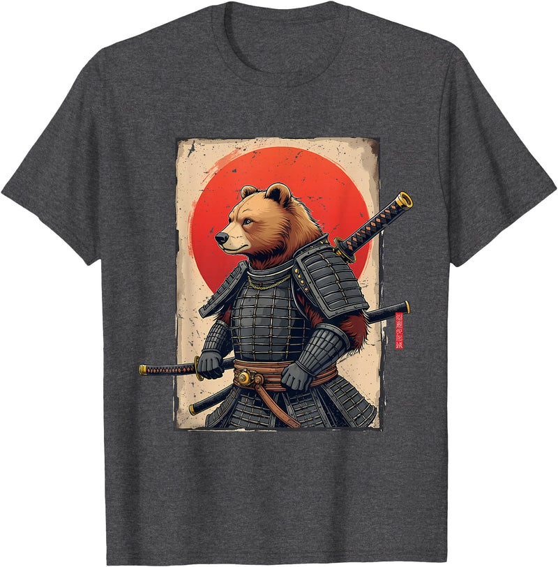 Japanese Samurai Bear Woodblock Art Samurai Brown Bear Ukiyo-e Ink Warrior Art Japanese Bear Art T-Shirt - Dark Heather Grey