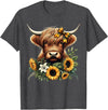 Cute Highland Cow and Coquette Bow Highland Cow with Sunflowers T-Shirt - Dark Heather Grey
