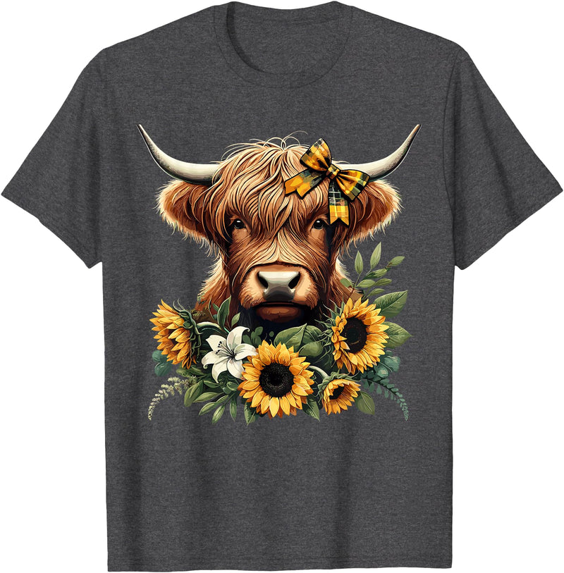 Cute Highland Cow and Coquette Bow Highland Cow with Sunflowers T-Shirt - Dark Heather Grey