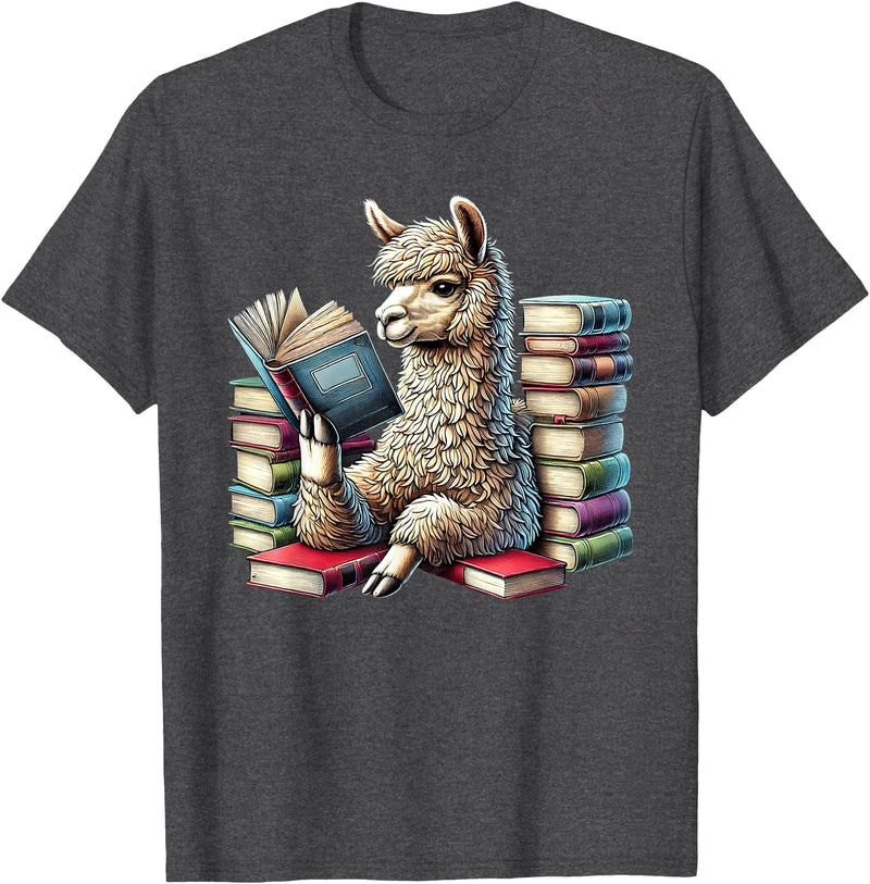 Llama Book Lover Llama Reading Book Reader Bookworm Alpaca Lover T-Shirt - Dark Heather Grey
