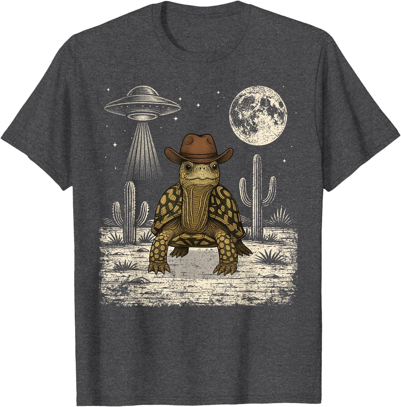 Retro Land Turtle Lover Halloween Moon Funny Eastern Box Turtle Cowboy Western UFO T-Shirt - Dark Heather Grey