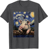 Cute Pigs Designs. Cute Pig Funny Van Gogh Style Starry Night Graphic T-Shirt - Dark Heather Grey