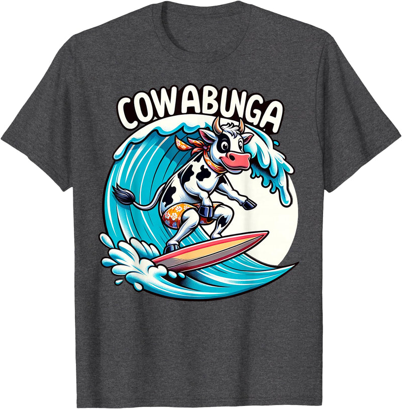 Funny Surfing Shirts for Surfers Cowabunga Beach Surfing Cow Surfingboard Surfboard T-Shirt - Dark Heather Grey