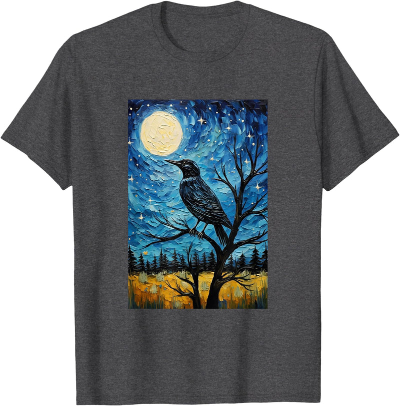 Bird Designs. Magpie Crow Raven Bird Van Gogh Style Starry Night Graphic T-Shirt - Dark Heather Grey