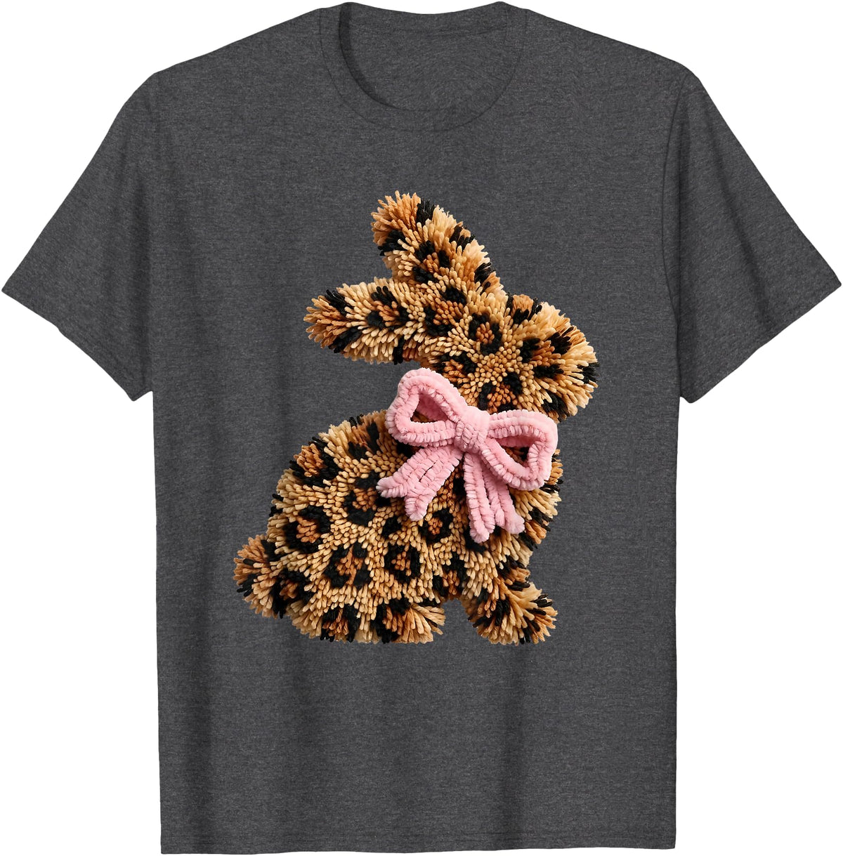 Funny Bunny Leopard Crochet Rabbit Easter Day Coquette Bow T-Shirt in Dark Heather Grey