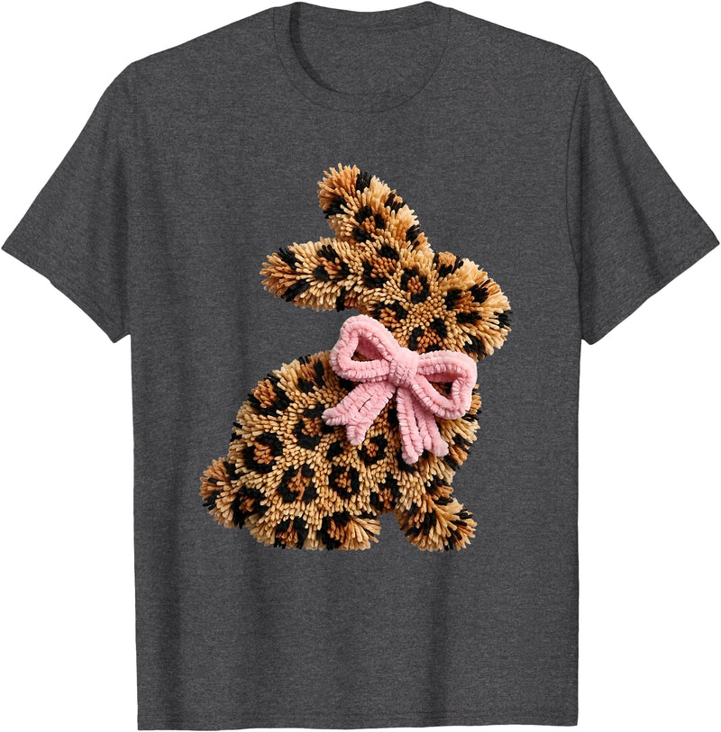 Funny Bunny Leopard Crochet Rabbit Easter Day Coquette Bow T-Shirt in Dark Heather Grey