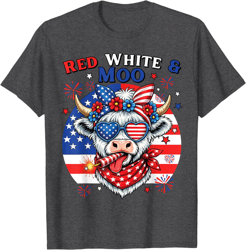 Cow American Flag 4th of July Fireworks Farmer Patriotic Cow USA Flag 4th of July Red and White and Moo T-Shirt - Dark