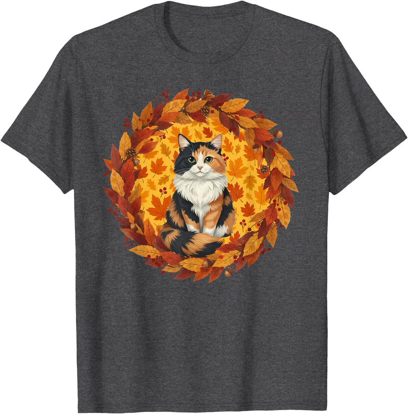 Calico Cat Autumn Fall Halloween Decor Apparel Calico Cat Autumn Leaves Wreath Cozy Fall Halloween T-Shirt - Dark Heather