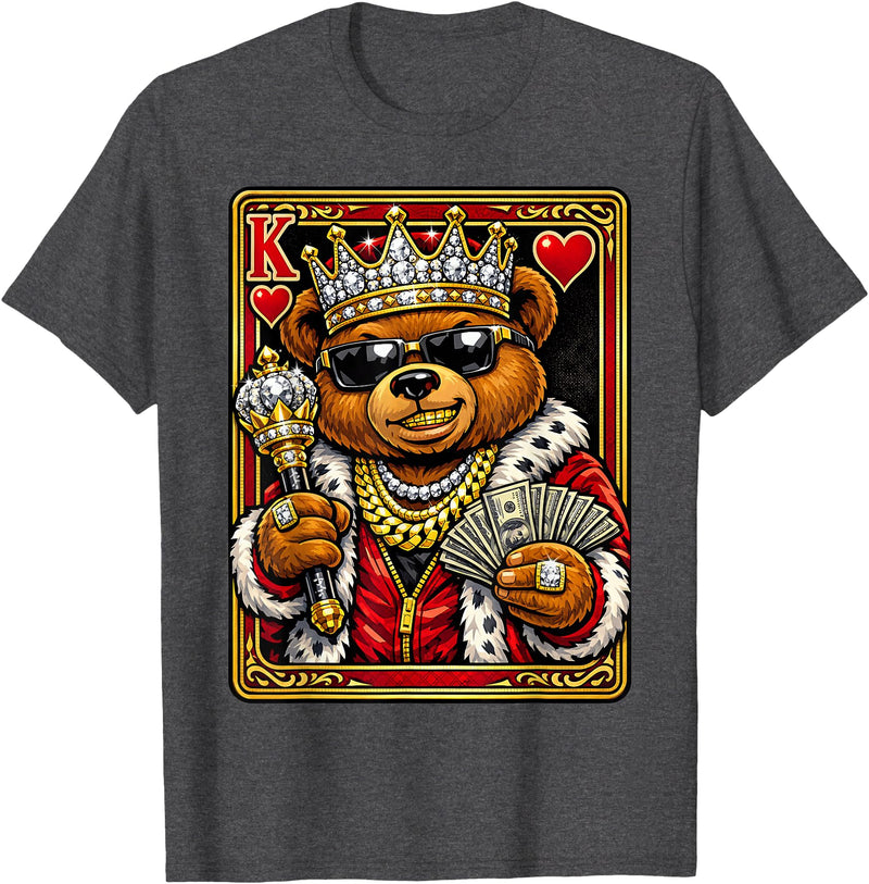 Teddy Bear King and Queen Matching Couples Designs King of Hearts Hip Hop Dripped Out Teddy Bear Hustle Money T-Shirt - Dark Heather Grey