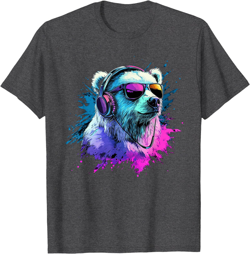 Colorful Artistic Polar Bear Animal Motifs Polar Bear Colorful Music Headphones Artistic Polar Bears T-Shirt - Dark Heather Grey