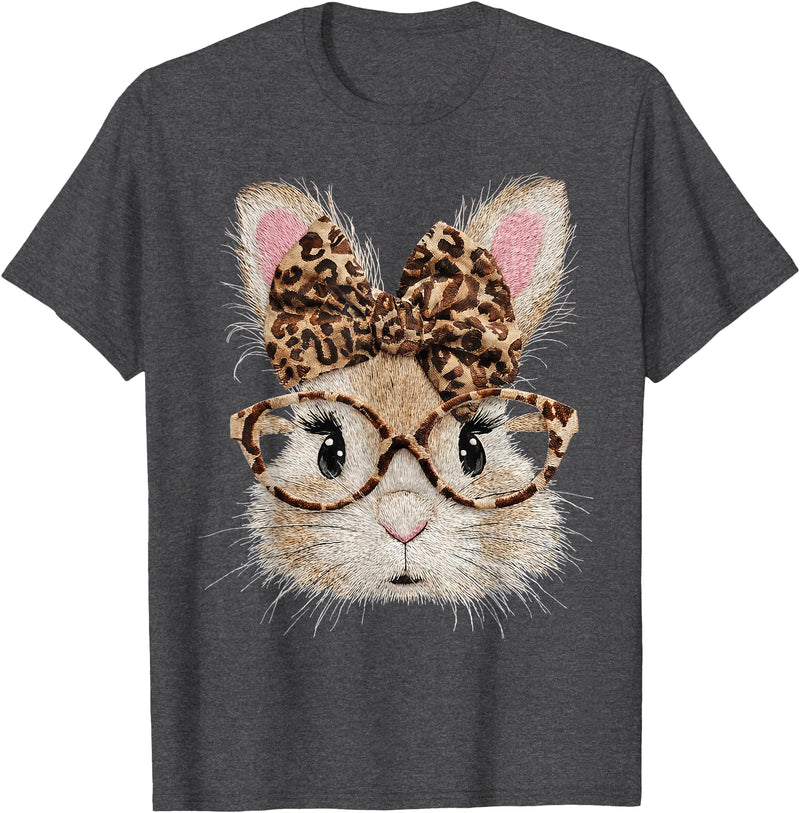 Cute Bunny Rabbit Face Leopard Coquette Bow Glasses Easter T-Shirt in Dark Heather Grey