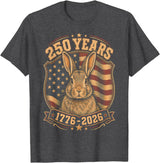 250th Anniversary USA 2026 American Flag Patriotic Rabbit T-Shirt in Dark Heather Grey