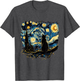 Cat Starry Night Van Gogh Cat T-Shirt for Cat Lovers, Women, Unisex, Black, Small, Short Sleeve, Classic Fit