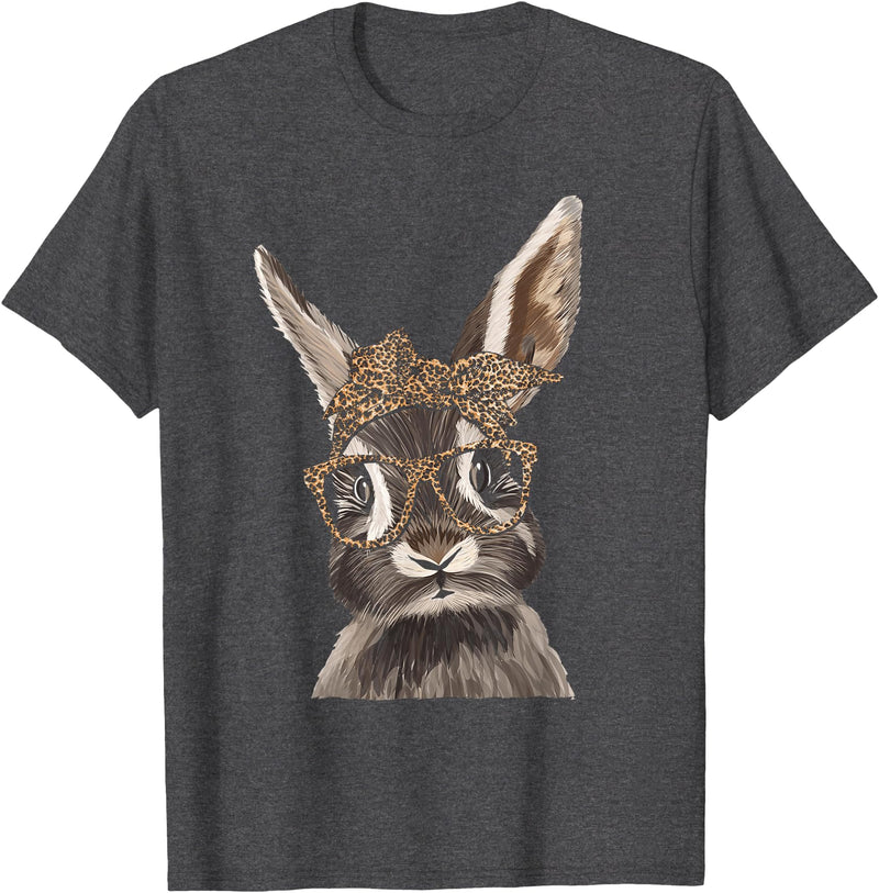 Cute Nerd Easter Bunny Mom Leopard Bandana Rabbit Easter T-Shirt in Dark Heather Grey