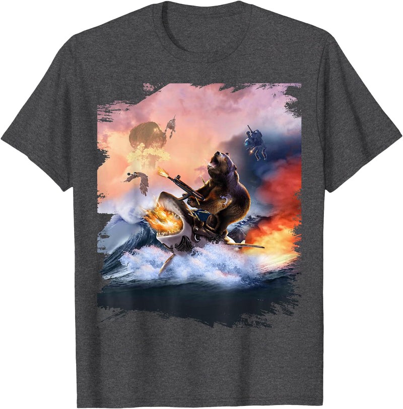 Random Galaxy Bear Riding Shark Funny T-Shirt - Dark Heather Grey