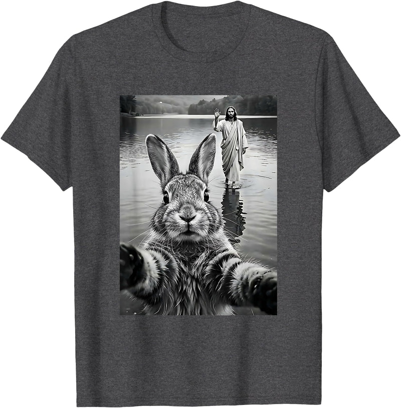 Funny Rabbit & Jesus Selfie, Easter, Religious, Christian T-Shirt in Dark Heather Grey