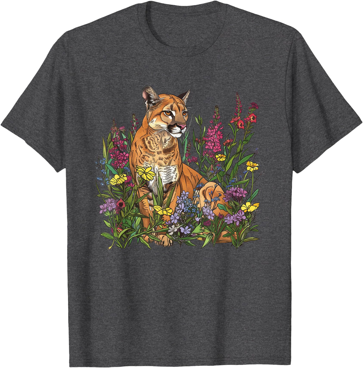 Mountain Lion Cougar Panther Catamount Designs Mountain Lion Amidst Wildflowers T-Shirt - Dark Heather Grey
