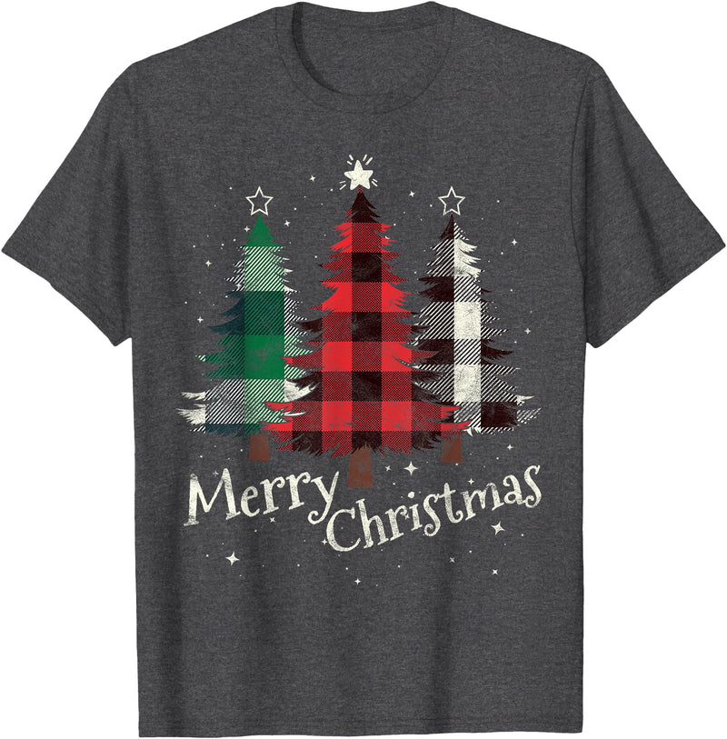 Merry Christmas Apparel Matching Family Clothes Merry Christmas Three Xmas Trees Buffalo Plaid Woman Gift T-Shirt - Dark