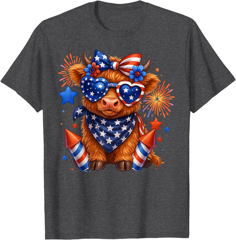 Cute Highland Cow 4th of July USA Flag Patriotic Cow Farmer T-Shirt - Dark Heather Grey