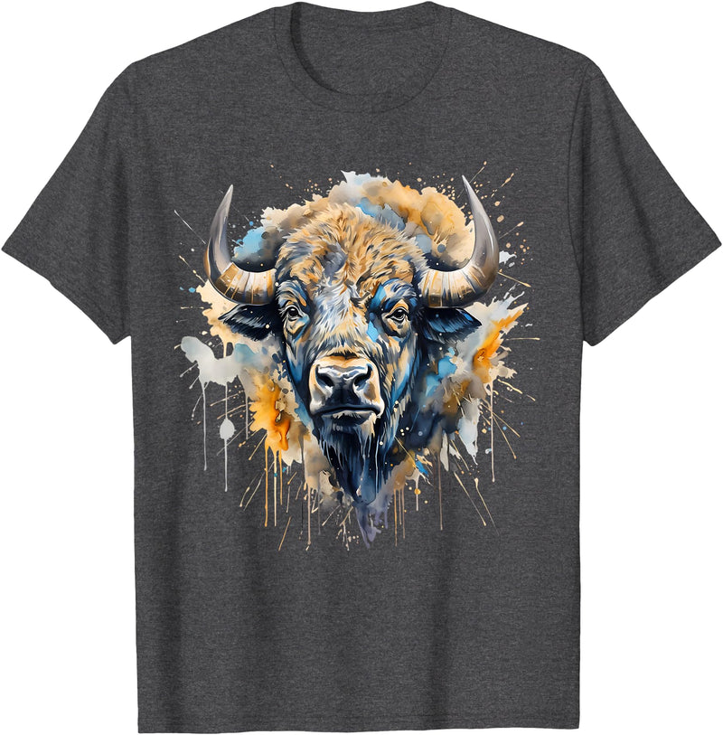 Safari Animal Art Buffalo Portrait Colorful Splash Artwork Wildlife Bison T-Shirt - Dark Heather Grey