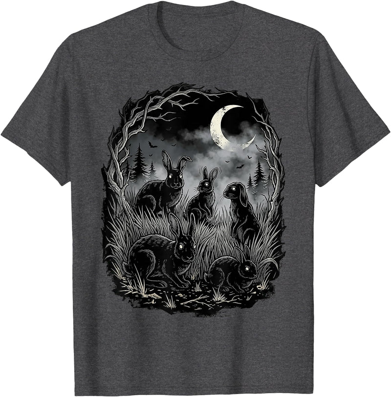 Midnight Woodland Rabbit Art Apparel Graphic Tees Creepy Black Rabbits Moonlit Forest Gothic Horror Halloween T-Shirt - Dark