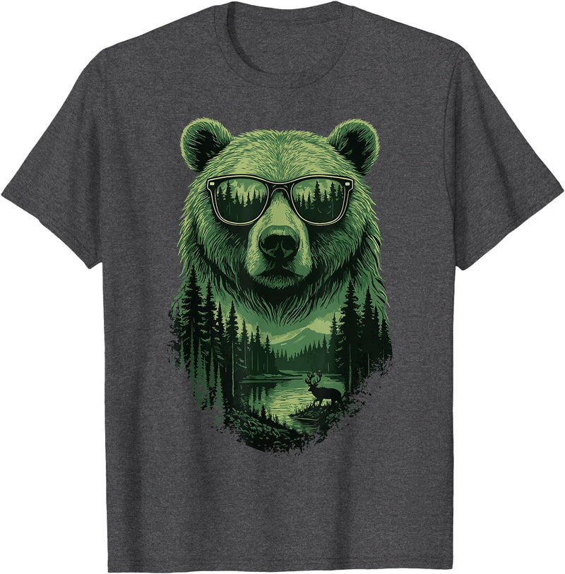 Bear Wildlife Deer Campfire Nature Apparel Bear Sunglasses Wildlife Deer Campfire Nature Vintage Forest T-Shirt - Dark Heather Grey