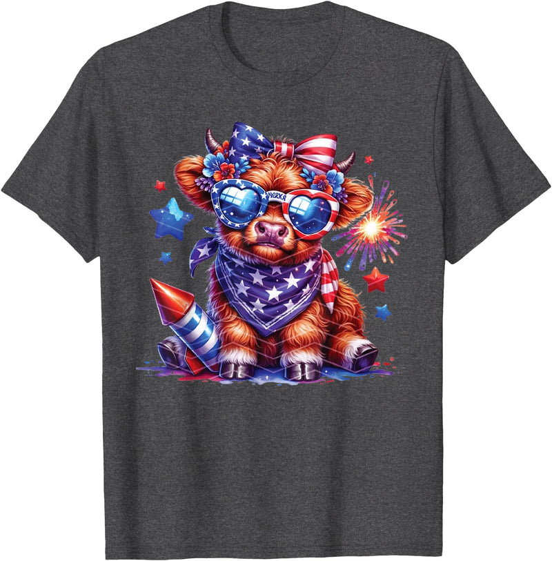 July 4th Highland Cow Farm Lovers America Costume Cute Highland Cow Florals 4th of July USA Flag Patriotic Cow T-Shirt -