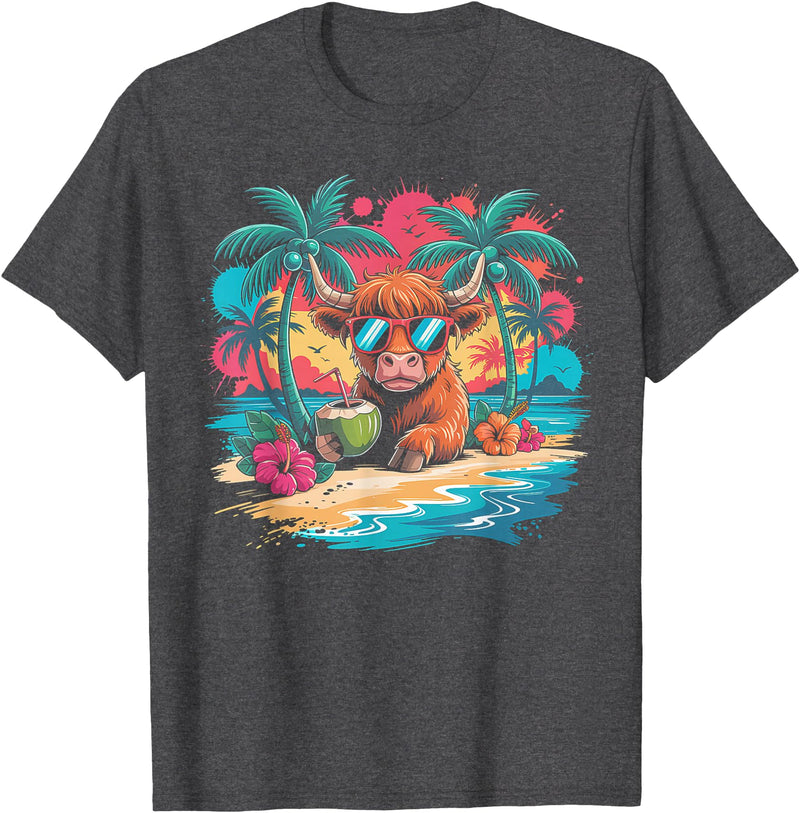 Summer Vibes Highland Cow Funny Beach Vacation Tee Tropical Highland Cow Summer Vibes Funny Beach T-Shirt - Dark Heather Grey