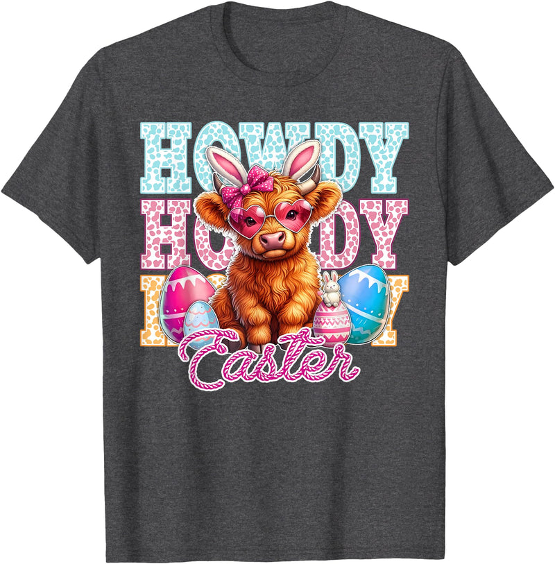 Highland Cow Easter Cute Western Farm Apparel Howdy Easter Cute Highland Cow Bunny Ears Western Easter T-Shirt - Dark