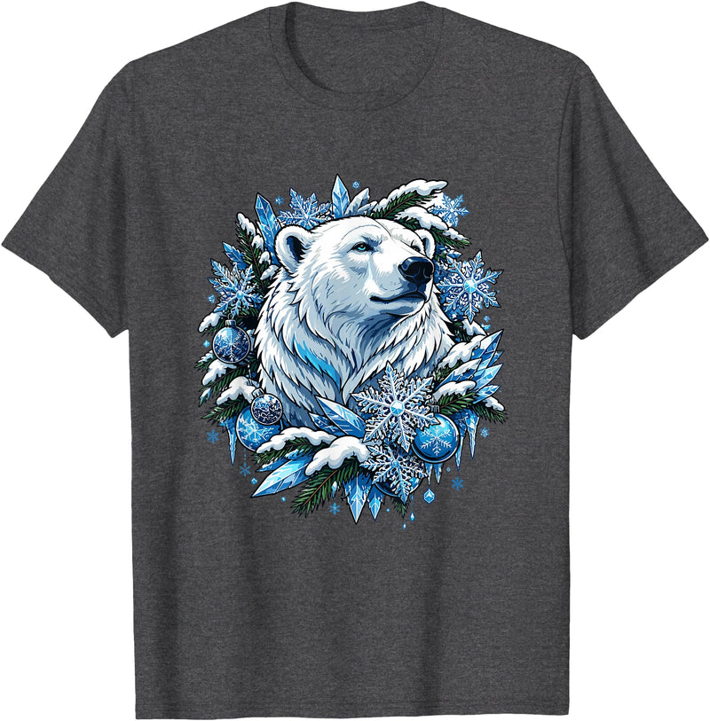Arctic Polar Bear Winter Snowflakes Christmas Polar Bear Wreath Ice Crystals T-Shirt - Dark Heather Grey