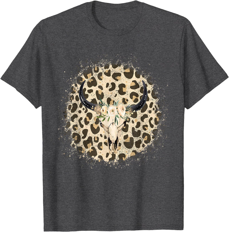 Funny Leopard Cow Skull designs Funny Leopard Cow Skull print Flower Rustic Turquoise T-Shirt - Dark Heather Grey