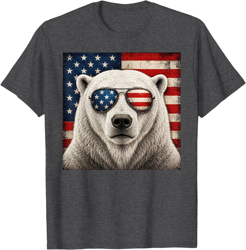 Retro Polar Bear USA Sunglasses July Fourth Polar Bear 4th of July US American Flag Patriotic T-Shirt - Dark Heather Grey
