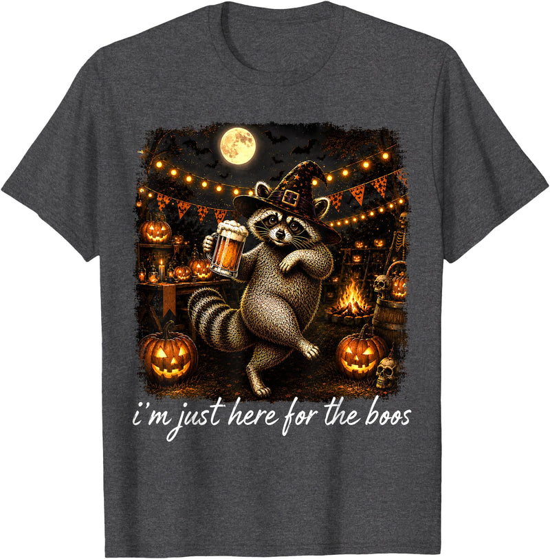 Halloween Tees Kids Women Men I'm Just Here for The Boos Funny Raccoon Pumpkin Halloween T-Shirt - Dark Heather Grey