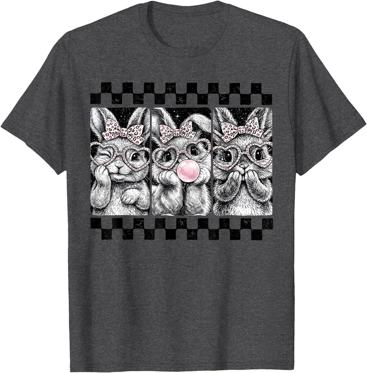 Leopard Bow Bunny Blowing Bubble Checkered Easter Day Girls T-Shirt in Dark Heather Grey