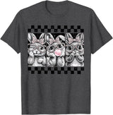 Leopard Bow Bunny Blowing Bubble Checkered Easter Day Girls T-Shirt in Dark Heather Grey
