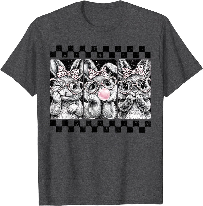 Leopard Bow Bunny Blowing Bubble Checkered Easter Day Girls T-Shirt in Dark Heather Grey
