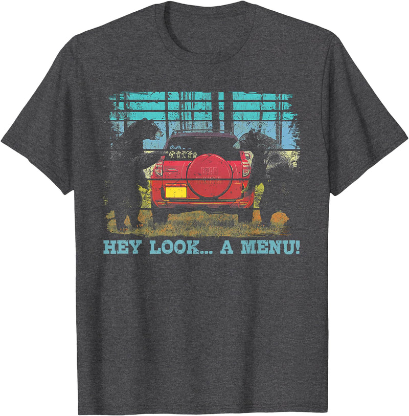 Funny Camping Lovers Gift Tee Hey Look A Menu Funny Bear Camping Retro Vintage Camper Car T-Shirt - Dark Heather Grey
