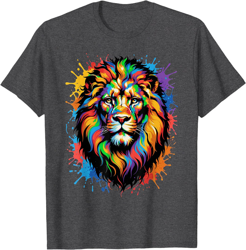 Colorful Lion Wildlife Lover Colorful Lion Face Paint Splash Art T-Shirt - Dark Heather Grey