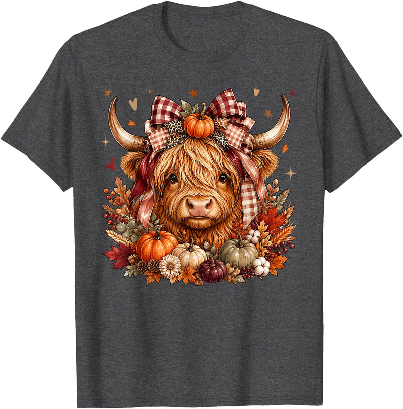 Highland Cow Fall Autumn Gifts Thanksgiving Shirt Highland Cow Pumpkin Coquette Bow Autumn Fall Cute Western T-Shirt - Dark