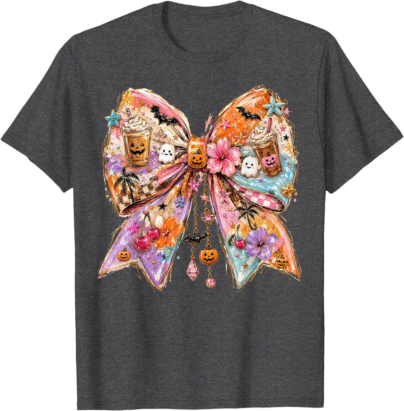 Summerween Tees NYC Summerween Bow Coquette Summer Halloween Ghosts Beach Coffee T-Shirt - Dark Heather Grey
