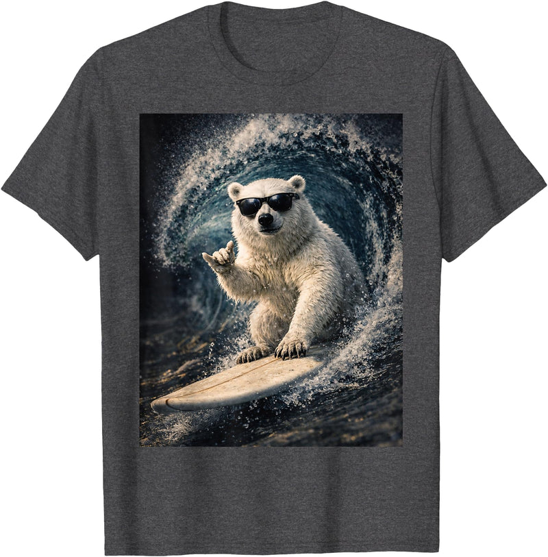 White Bear Surfing Waves Funny Animal Apparel Funny Polar Bear Surfer Catching Waves | Shaka Funny Animal T-Shirt - Dark Heather Grey
